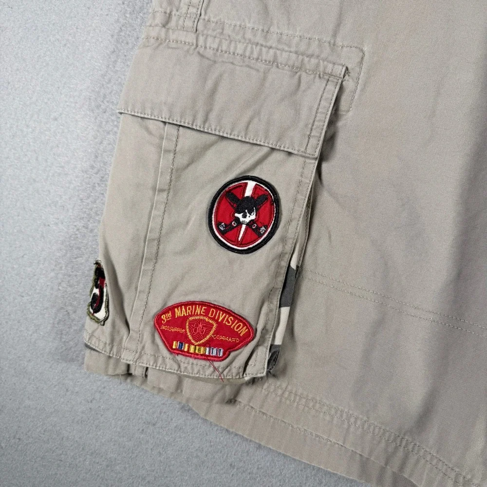 Jnco 85 Mens Khaki Cargo Shorts 36 Heavy Duty Twill Camo‎ Trim M2867CC Patches